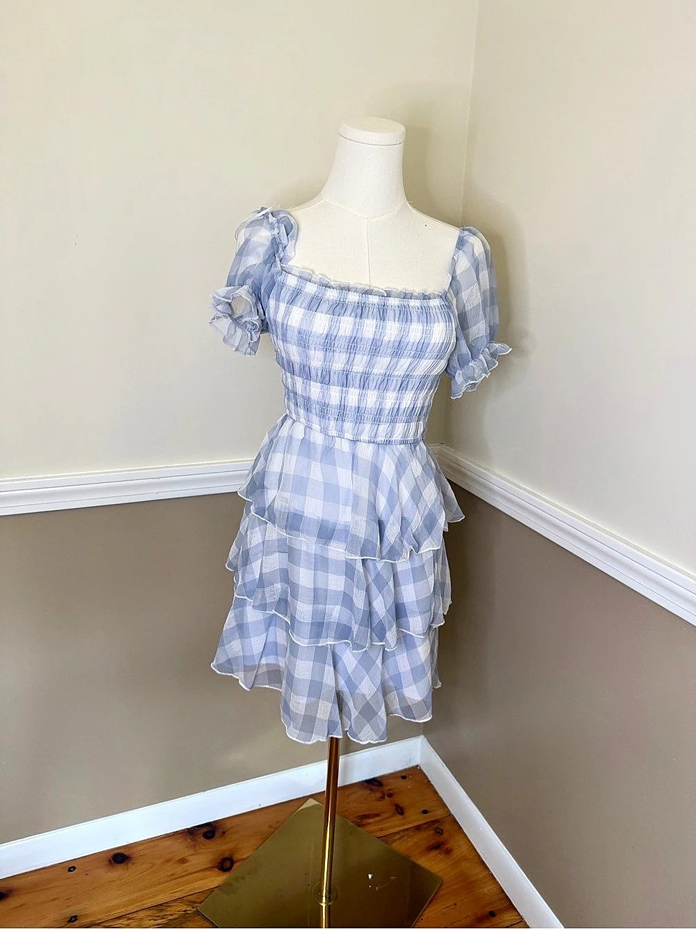 Joie Gingham Puff Sleeve Mini Dress in Blue & White Size Small NWT